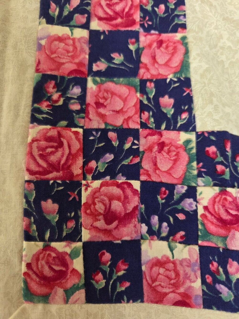 VTG Handmade Quilt Top Victorian Lady Floral Bow Border 75x65 Cream Blue Cotton - Picture 4 of 14